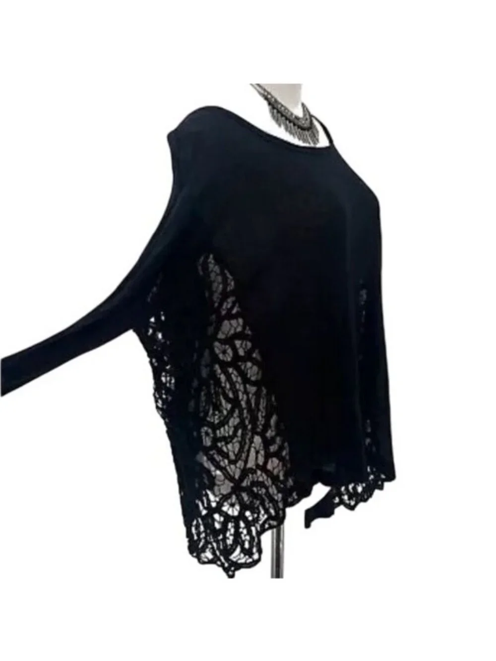 RARE NWT Free People Black Lace Inset Slouchy Linen Blend Top S| Boho Whimsigoth